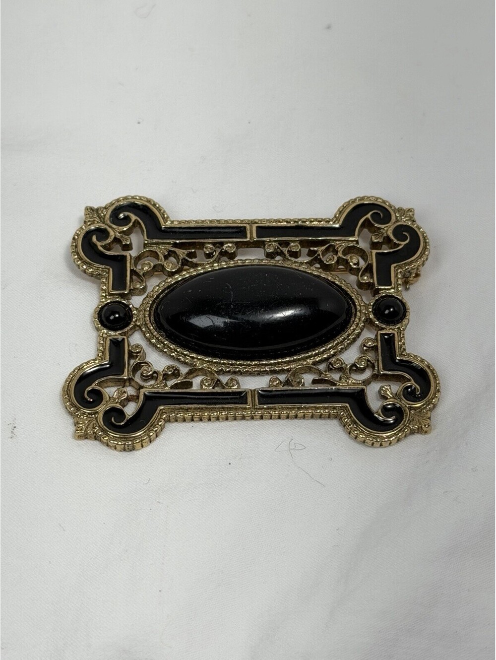 Vintage Ornate Gold-Tone Rectangle Brooch with Oval Black Resin Cabochon